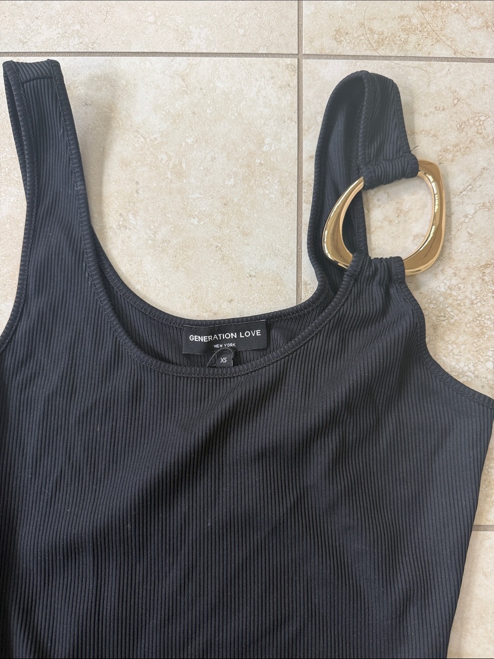 Generation Love Black Ribbed Mecca Bodysuit with Gold Ring Detail. Brand new